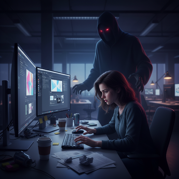 O tânără designer grafic paralizată de anxietate la birou, cu o siluetă amenințătoare în fundal, simbolizând presiunea și abuzul psihologic din mediul toxic de muncă.