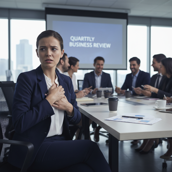 O femeie tânără într-un birou corporatist, simțind o anxietate paralizantă înainte de o prezentare importantă, cu mâini transpirate și inima bătând puternic, reflectând și teama în situații sociale.