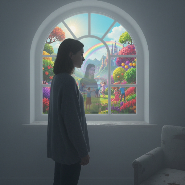 O tânără se uită printr-o fereastră într-o cameră cețoasă și gri, simțind o detașare emoțională de lumea plină de culoare din exterior.