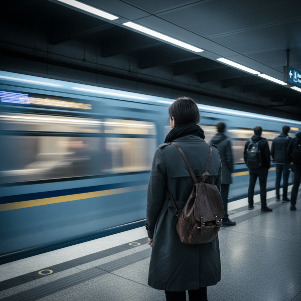 O femeie tânără, izolată pe o platformă de metrou modernă, încremenită de teamă în timp ce un tren intră în stație, ilustrând anxietatea post-traumatică și sentimentul de paralizie.