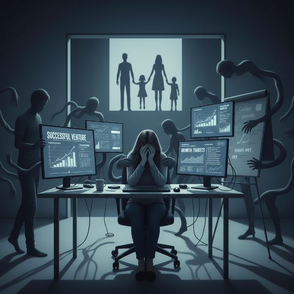 O imagine care ilustrează paradoxul succesului profesional și al agitației interioare, cu teme de retragere și tensiune familială.