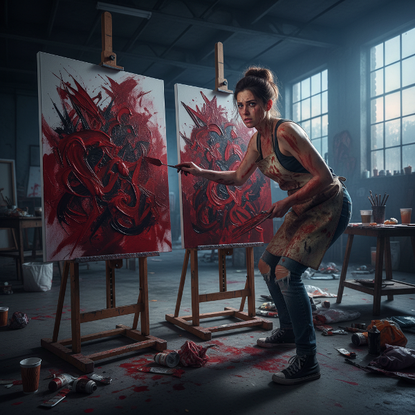 O tânără pictând tablouri abstracte și violente, cu culori sângerii, într-un proces intens care poate fi o sublimare a unei traume profunde.