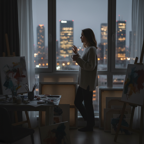 O ilustrație care înfățișează o femeie tânără, psihoterapeut, într-un apartament seara, înconjurată de pânze de pictură, reflectând asupra singurătății și a izolării emoționale după sfârșitul unei relații lungi.