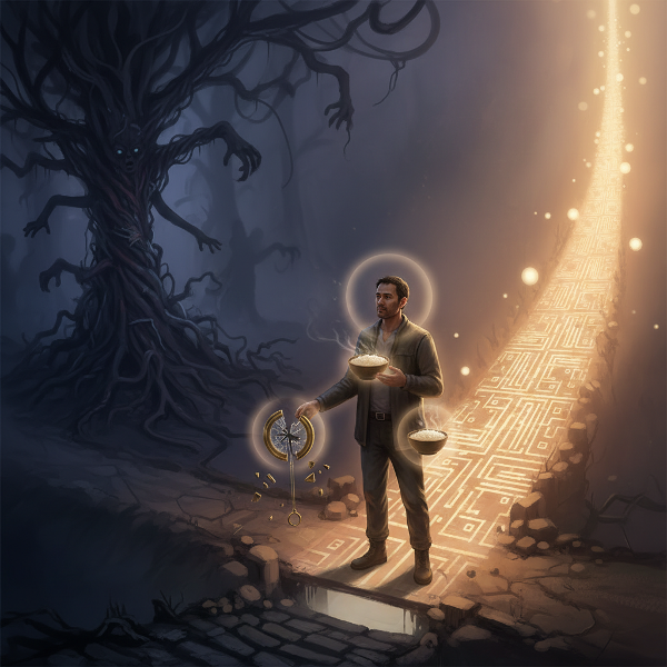 En man vid en vägskäl, där en mörk och kvävande väg möter en ljusare med små, trygga rutiner, vilket symboliserar resan från trauma mot balans.