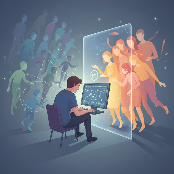 En ung man i en ledarroll känner sig isolerad bakom en osynlig vägg medan han stödjer andra, en symbol för hans inre ensamhet trots ytlig kompetens.