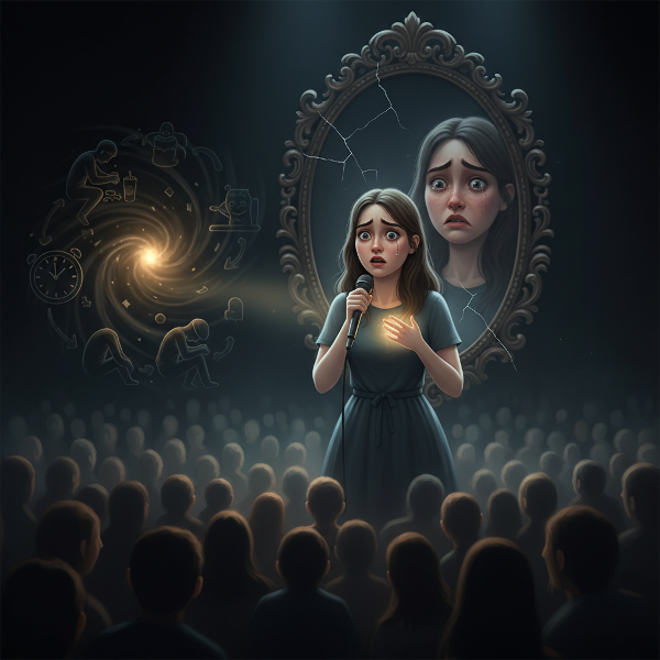 En ung kvinna står paralyserad på en scen med en darrande röst, medan en spegel visar ett förvrängt självbild. En spiral av självtvivel och hetsätning omger henne, men ett litet ljus av självmedkänsla börjar bryta igenom.