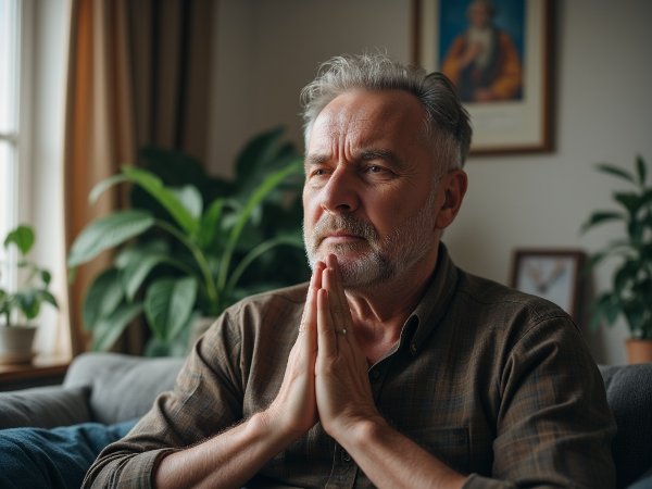 En man i medelåldern som utför andningsövningar för att hantera ångest inför pensioneringen, i en lugn miljö.