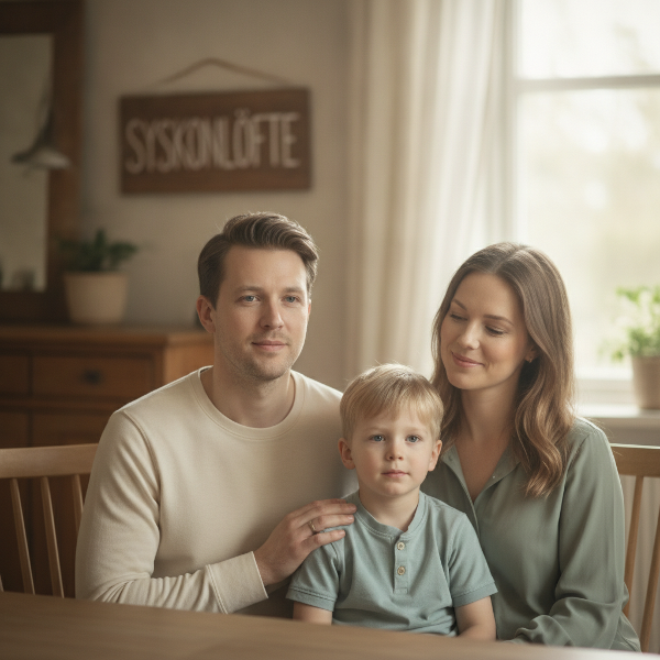 Familj i samtal, föräldrar och son, lugnande atmosfär, med en vag bild av ett spädbarn som symboliserar syskonet, varma toner.