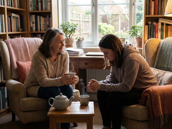 En varm och erfaren psykolog lyssnar uppmärksamt på en ung kvinna med låg självkänsla i ett mysigt kontor med en kopp te, vilket skapar en trygg och stödjande atmosfär.