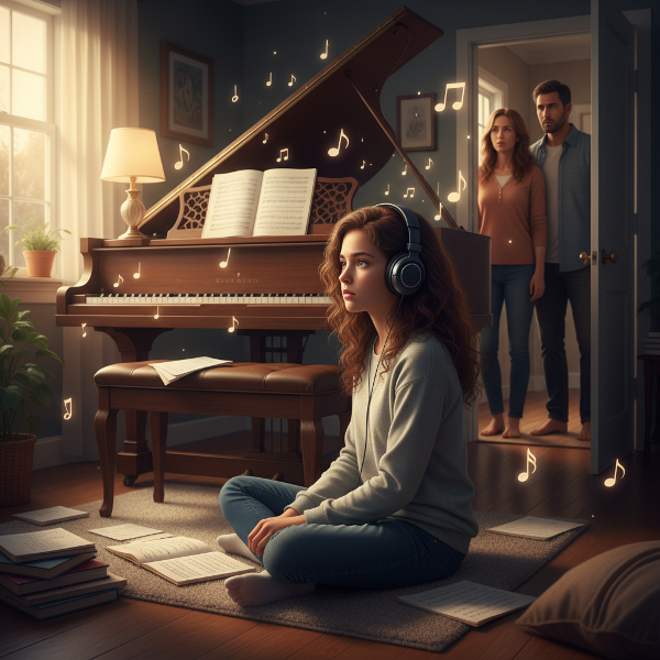 En tonårig flicka lyssnar på musik i sitt rum medan hennes föräldrar står utanför och ser oroliga ut, vilket illustrerar isolering och musik som en fristad.