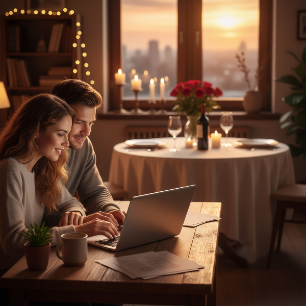Ett par som samarbetar vid en bärbar dator i ett hemkontor, med en romantisk middagsdukning i bakgrunden, vilket symboliserar balansen mellan affärssamarbete och personlig relation.