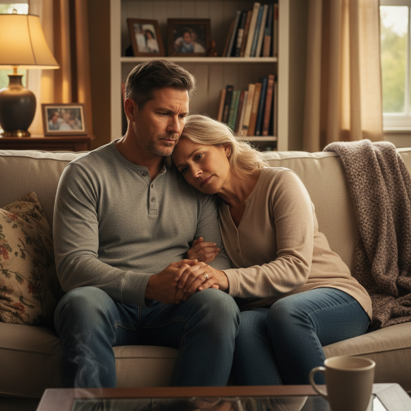 Ett par i 40-årsåldern sitter tillsammans på en soffa och för ett känsligt samtal om relation och intimitet i ett varmt, hemtrevligt ljus.