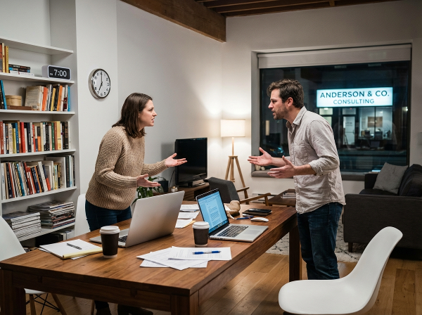 Ett par som verkar stressade i ett hemkontor, där gränserna mellan arbete och privatliv har suddats ut, vilket illustrerar konflikten mellan att vara partners i både kärlek och affärer.