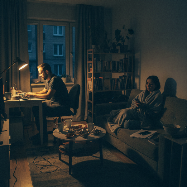 Ett par i en liten lägenhet där gränserna mellan arbete och privatliv har suddats ut, med en partner som jobbar sent och den andra som känner sig ensam.
