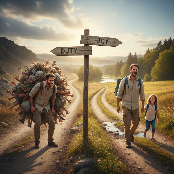 En man står vid en vägskäl och väljer mellan att bära andras börda eller att gå sin egen väg med självomsorg.