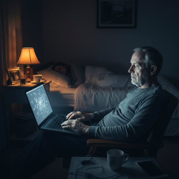 En man i 60-årsåldern sitter uppgiven vid en dator på kvällen, med en sovande partner i bakgrunden, vilket illustrerar konflikten mellan trötthet, internetberoende och längtan efter intimitet.