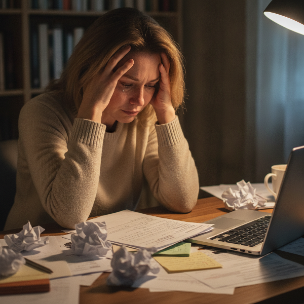 Bilden visar en kvinna som ser utmattad ut på sitt kontor, med en känsla av stress och ensamhet, men med en svag glimt av hopp i blicken.