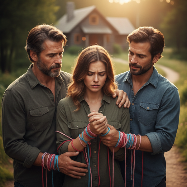 En bild som visar en kvinna i en känslomässig triangel mellan sin äldre partner och hans son, med symboler för kärlek, vänskap och osäkerhet.