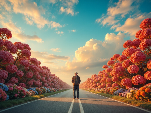 En man i övre medelåldern står vid en vägskäl, med en logisk, strukturerad karriärväg bakom sig och en färgstark, okänd framtid framför sig, vilket symboliserar sökandet efter autenticitet och självförverkligande.