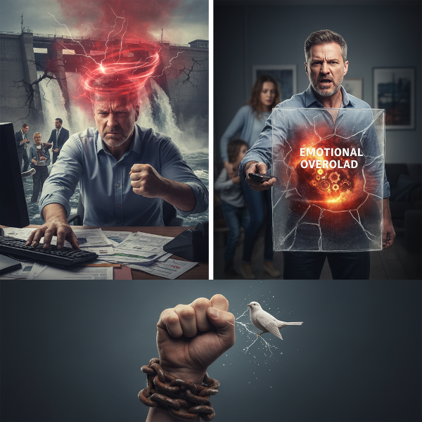 En man i medelåldern som kämpar med ilska och irritation på jobbet och hemma, med symboler för inre oro och försök att återfå lugn.