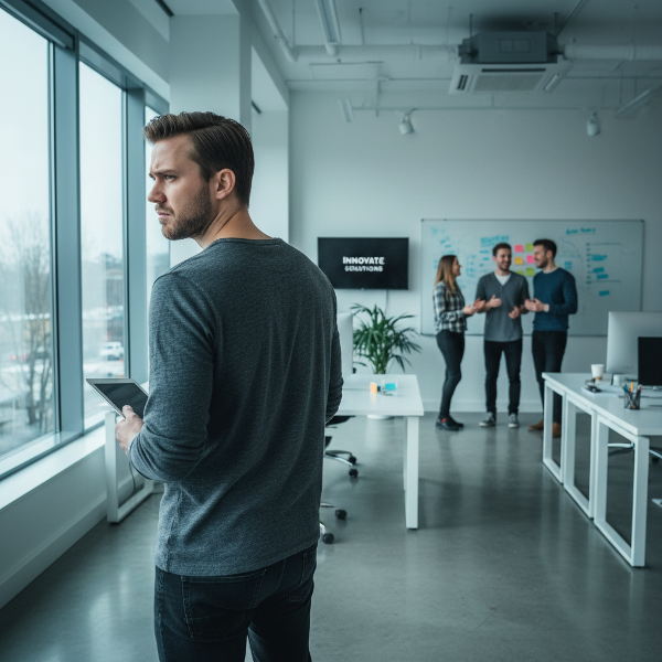 En man i ett kontorslandskap visar frustration och isolering trots omgivande framgång, med vinterljus som förstärker känslan.