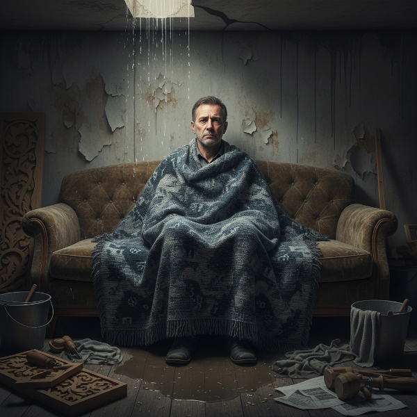 En man sitter utmattad i en soffa med en tung filt över sig och stirrar tomt på en vägg, medan ett tak läcker i bakgrunden.