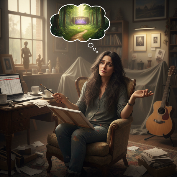 En konstnärlig kvinna i en balansakt mellan kreativitet och utmattning, omgiven av musik och konst men med en känsla av isolering och ekonomisk press.