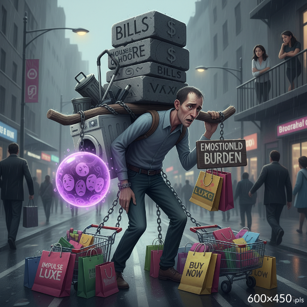 En man som bär på tunga symboliska bördor som representerar räkningar, hushållssysslor och emotionell belastning medan hans partner ser på avstånd. Han ser utmattad och osynlig ut, omgiven av shoppingkassar som symboliserar impulsköp.