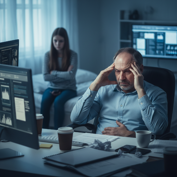 En man som känner sig utmattad vid sitt skrivbord med huvudvärk och magbesvär, medan hans tonårsdotter ser deprimerad ut i bakgrunden, vilket illustrerar psykosomatisk stress och familjekonflikter.