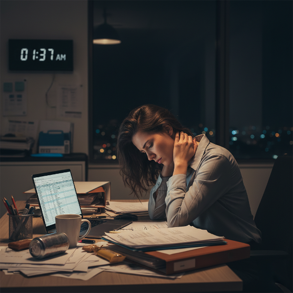 En ung kvinna ser utmattad ut vid sitt skrivbord på kontoret, med spända axlar och en hög med papper, vilket illustrerar stress och risk för utbrändhet.