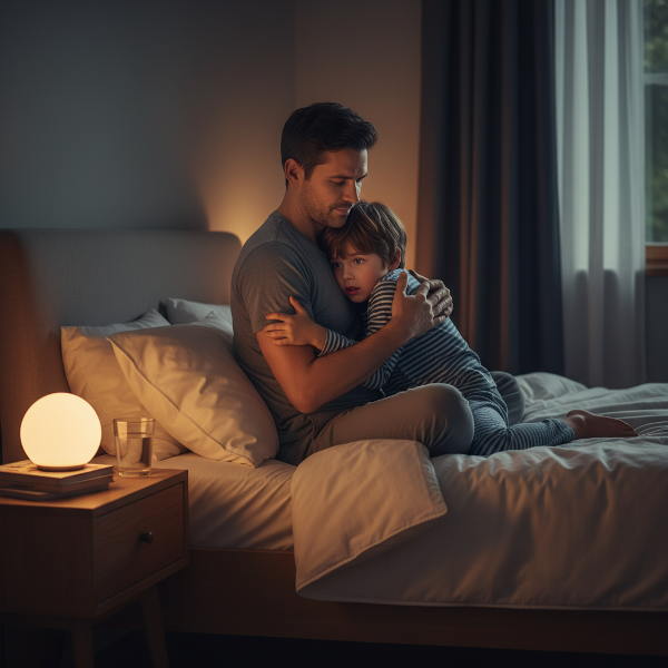 En far tröstar sin son som vaknat mitt i natten av ångest, i ett varmt sovrum med en nattsudd.