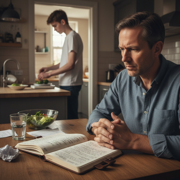 En far oroar sig när han läser sin sons dagbok om extrem kost, medan sonen väger grönsaker i bakgrunden.