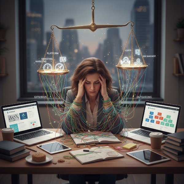 En kvinna i ett kontorslandskap kämpar med beslutsångest, omgiven av symboler för val och konsekvenser.