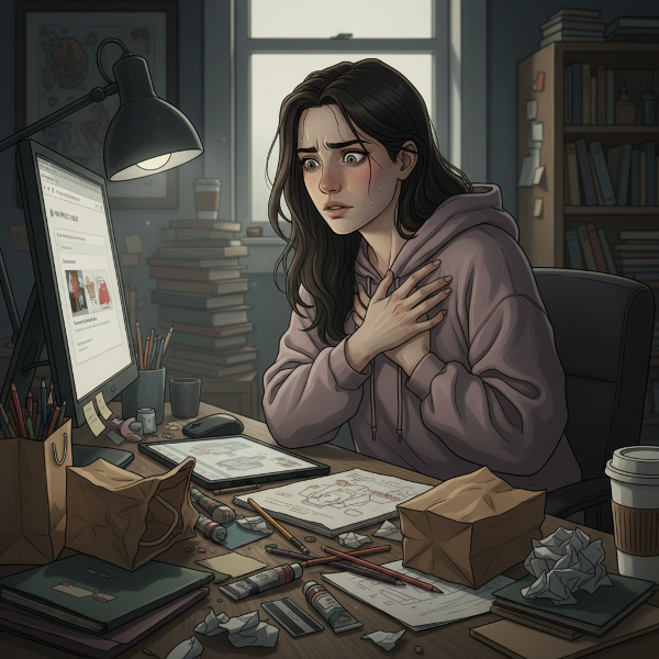 En ung kvinnlig illustratör kämpar med prestationsångest och impulsiv shopping vid sitt arbetsbord, omgiven av konstmaterial och känslor av överväldigande.