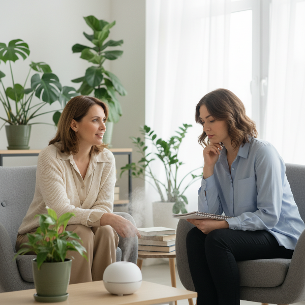 En bild som visar en psykolog i ett lugnt kontor som lyssnar på en ung kvinna, vilket symboliserar stöd i att hitta balans mellan arbete och privatliv.
