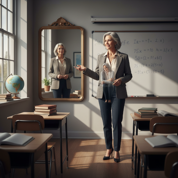 En lärare i ett klassrum med en yttre kompetent fasad och en inre osäkerhet som syns i en spegelbild.