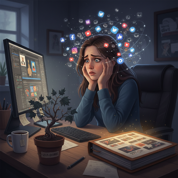 En ung grafisk designer kämpar med självtvivel och rädsla för omdömen vid sin dator, omgiven av sociala medier-symboler, medan ett litet självförtroende börjar växa från hennes arbetsportfölj.