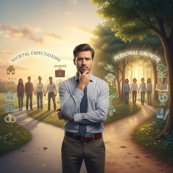 En man vid ett vägskäl som symboliserar valet mellan samhällets förväntningar och den egna utvecklingsresan.
