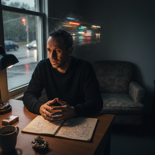 En man sitter ensam i ett halvmörkt rum med darrande händer och stirrar ut genom fönstret mot trafikljus på våt asfalt, med skuggor som antyder påträngande minnen från en trafikolycka.