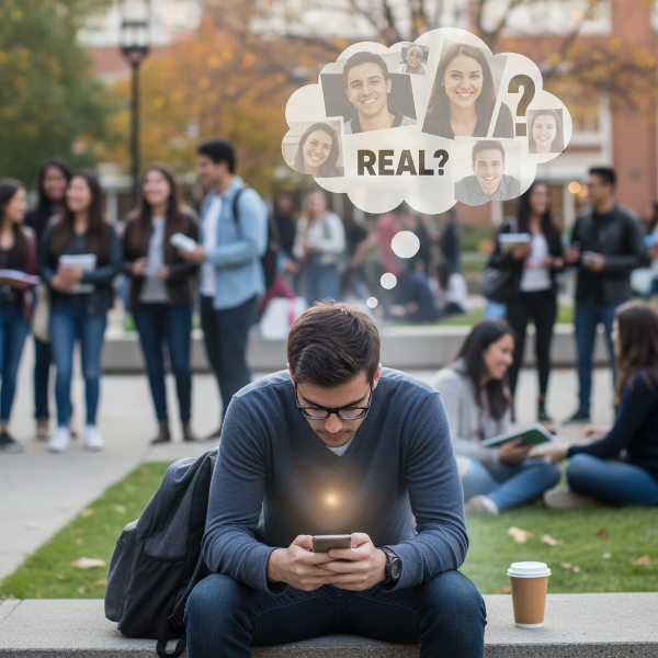 En ung man som känner sig ensam på universitetet trots att han är omgiven av människor, distraherad av sin smartphone, och söker äkta kontakt och närvaro.