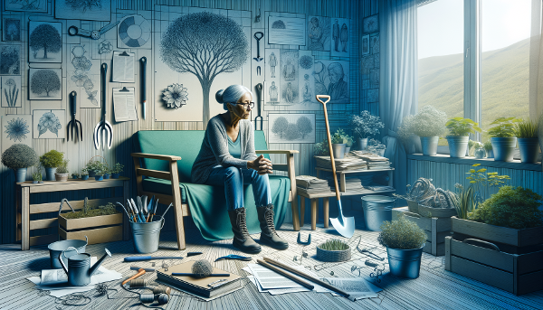 En 57-årig kvinna som känner sig ensam i sitt tysta hem, omgiven av trädgårdsredskap och påminnelser om volontärarbete, med en längtan efter meningsfulla samtal och kontakt.