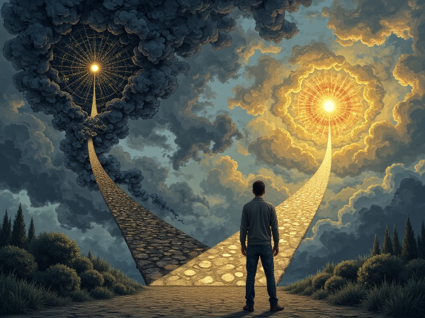 En man står vid en vägskäl mellan en mörk, cirkulär vana och en ljusare väg mot emotionell hälsa och ett förhållande.