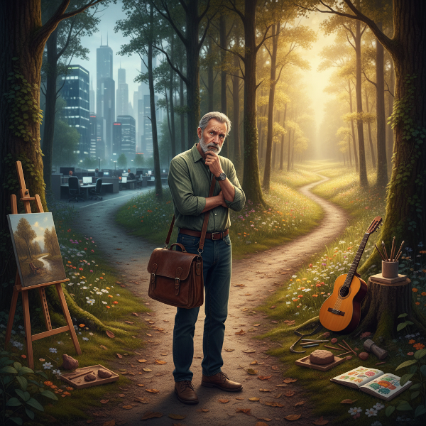 En man vid ett vägskäl som symboliserar valet mellan trygga, gamla mönster och en ny, kreativ väg mot självförverkligande.
