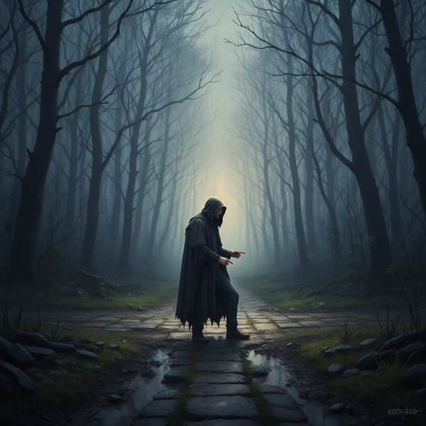 En man vid ett vägskäl i en dimmig skog, som ser mot ett svagt ljus i fjärran. Symboliserar att lämna ett mörkt förflutet och börja en resa mot återhämtning.