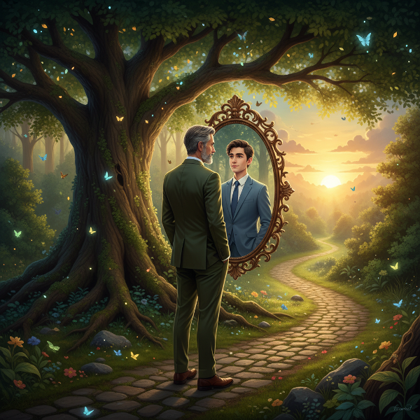 En man i medelåldern står rakryggad och reflekterar över sin resa från ungdomstrauma till självförtroende, med symboler för inre styrka och framåtskridande.