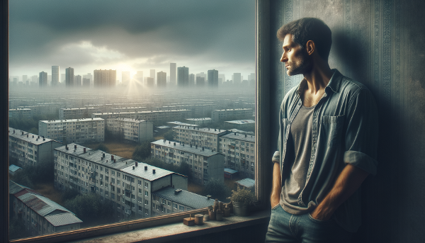 En ung man som känner sig fångad i apati och ser ut mot en grå vardag, med en svag gnista av hopp i fjärran.