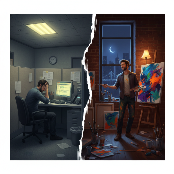 En man känner sig instängd på sitt kontor med klaustrofobi-symtom samtidigt som han drömmer om ett konstnärligt liv med färg och kreativitet.