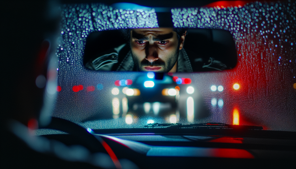 En man sitter i en bil en regnig natt och ser på ljusen från en avlägsen olycka, med ett uttryck som speglar trauma och inre oro.