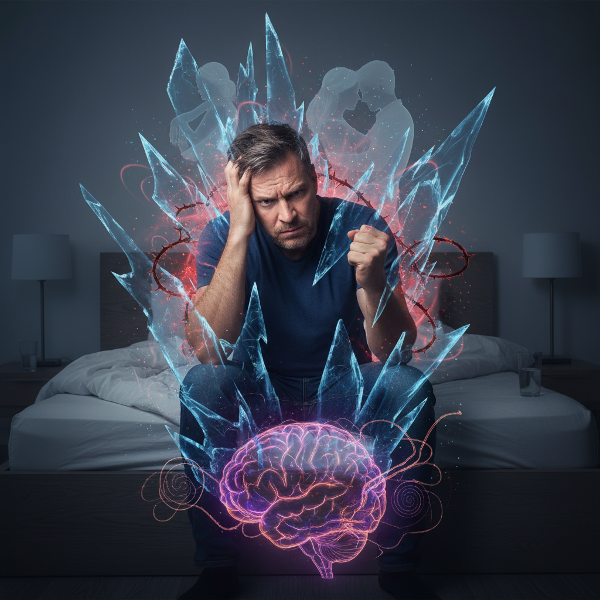 En man i medelåldern som står inför en abstrakt vägg av psykologiska barriärer, med en inre konflikt mellan önskan om intimitet och rädsla för prestation.