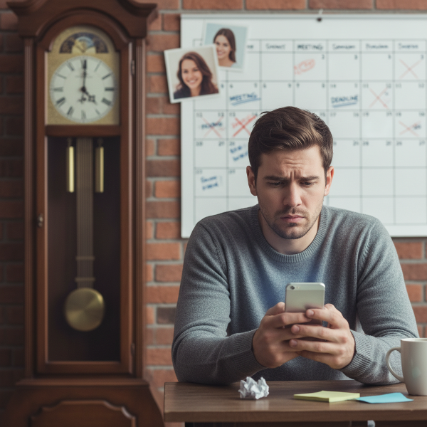 En ung man som reflekterar över relationens utmaningar med symboler för tid och upptagenhet i bakgrunden.